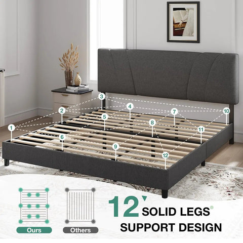 Rock Solid Upholstered King Bed Frame With Adjustable Headboard And Soft Grey Linen, Wood Slat Support, No Boxspring Needed, Quick Assemble, Bedroom Glow Up with solid legs support design.