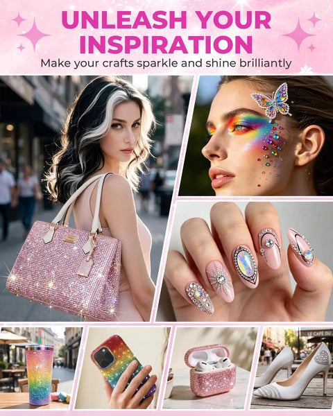 Fashionable rhinestone accessories and decor, featuring bags, nails, and tech items using Rhinestone Picker Tool Kit With 40 Dual-Ended Acrylic Pens 40 Replacement Tips 4 Storage Trays And 24 Clay Pieces For Nail Art And Diy Bedazzling Projects Easy Crafting For Home Studio And Craft Enthusiasts.