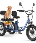 FAM01 Electric Tricycle For Adults With Basket And Two Seater Peak 1500W Motor 20 Inch Fat Tire Three Wheel E Bike 48V 18Ah Removable Battery Pedal Assist Rear Differential 75 Plus Mile Range, blue trike with rear basket and seat