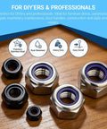 250 Piece Metric Nylon Lock Nut Assortment Kit M3 M4 M5 M6 M8 M10 showing stainless and nylon lock nuts for DIY projects.