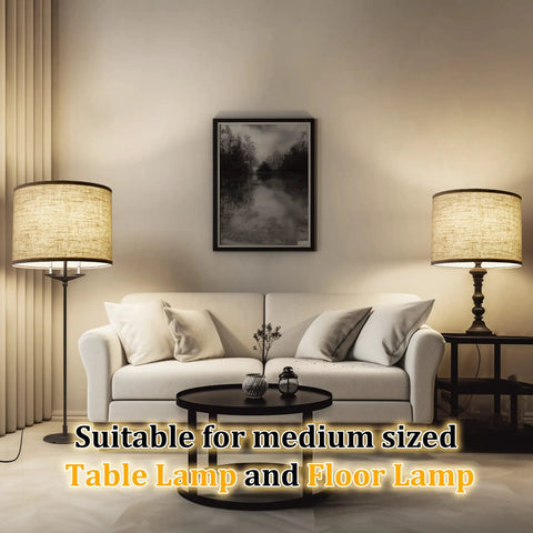 Living room with Beige Linen Drum Lampshade Set Of 2 For Table Floor And Pendant Lights With UNO Fitter And Spider Compatibility