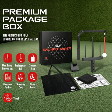 Durable Iron Golf Swing Trainer For Kids And Teens packaging with accessories, including replacement ball and adjustable swing aid.