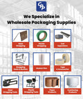 Built To Crush Heavy Loads 3/4 Inch X 1650 Foot Woven Polyester Strapping Cord and packaging supplies displayed on shelves.