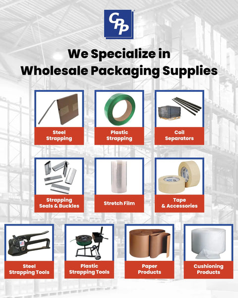 Built To Crush Heavy Loads 3/4 Inch X 1650 Foot Woven Polyester Strapping Cord and packaging supplies displayed on shelves.