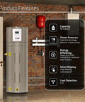 Heavy Duty 50 Gallon Electric Hybrid Heat Pump Water Heater For Residential Basements And Garages Built Tough For No Fuss Installation, features displayed on wall.