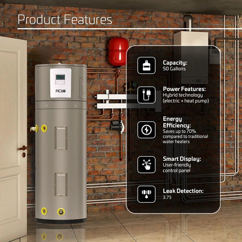 Heavy Duty 50 Gallon Electric Hybrid Heat Pump Water Heater For Residential Basements And Garages Built Tough For No Fuss Installation, features displayed on wall.