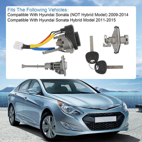 Six Pin Ignition Lock Cylinder Set For Hyundai Sonata 2009-2014 Non Hybrid And 2011-2015 Hybrid Replacement With 81970-3SA00 81250-3SA00 Key Start Barrel, with components shown and Hyundai Sonata car in background.
