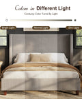 Top Tier King Size Bed Frame Featuring Fifty Point Eight Inch Padded Corduroy Wingback Headboard in different light settings.