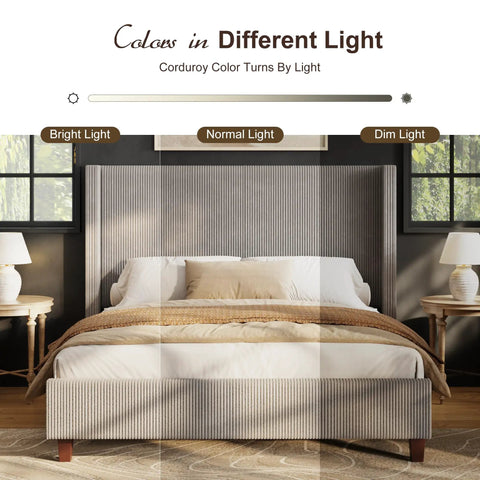 Top Tier King Size Bed Frame Featuring Fifty Point Eight Inch Padded Corduroy Wingback Headboard in different light settings.