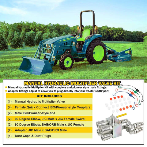 Manual Hydraulic Multiplier With SCV Splitter Diverter Valve Couplers And AG Fittings displayed on a field tractor