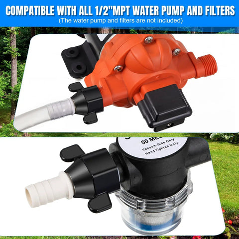 Six Pack 1/2 Inch Barb Swivel Adapter For RV Water Pumps, 14 NPT To 1/2 Inch Female Threaded PEX Fittings With Thread Seal Tape, 360 Degree Rotating Hose Connector For Easy Install And Leak Free Performance on RV pump and filter