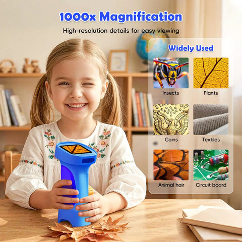 Kids 1000X Handheld Digital Microscope With 2.4 Inch HD Screen And 2MP Lens Portable Pocket Science Toy For STEM Fun And Nature Exploration Perfect Gift For Ages 3 To 12 Boys And Girls, blue handheld model