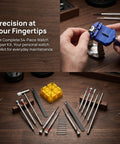 53 Piece Watch Band Tool Kit With Link Remover Pro Grade Spring Bar Tools Pin Remover Strap Adjustment Kit displayed on table