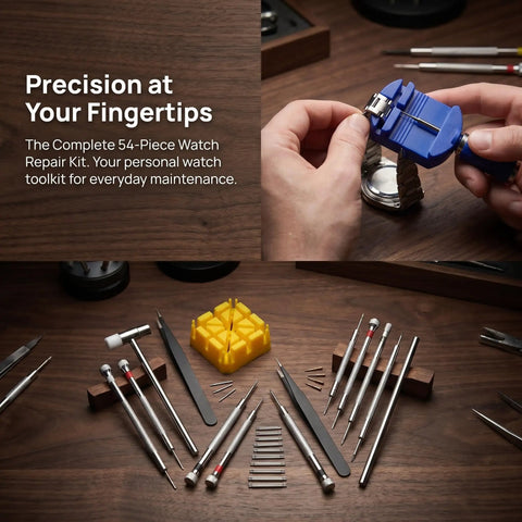 53 Piece Watch Band Tool Kit With Link Remover Pro Grade Spring Bar Tools Pin Remover Strap Adjustment Kit displayed on table