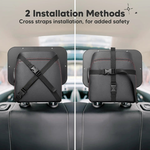 Back view of Wide 360 Degree Crystal Clear Baby Car Seat Mirror For Rear Facing Seats, showing two cross strap installation methods.