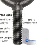 Thread details of Set Of 10 No-Shoulder Lifting Eye Bolts, 7/16-14 By 1-3/8 Inch, Vertical Pull Only, Industrial Grade Carbon Steel 1035.