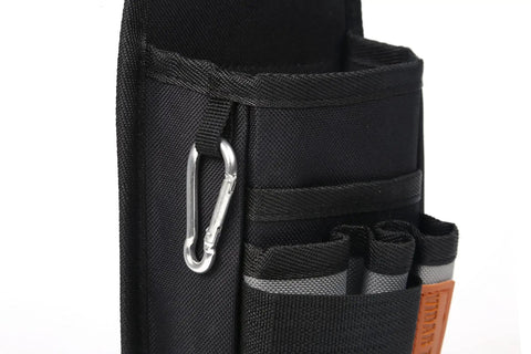 Close-up of a 5 Pocket Tool Pouch with Heavy Duty Belt Clip for Tool Belts up to 2 Inches Wide, showing mini organizer pockets for electricians.