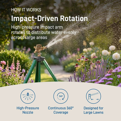 Beefed Up Heavy Duty Zinc Tripod Impact Sprinkler With 360 Degree Rotation and High Pressure Nozzle in garden setting