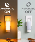 Three Pack Emergency Night Lights With Dusk To Dawn Sensor showing automatic on and off modes in a bedroom.