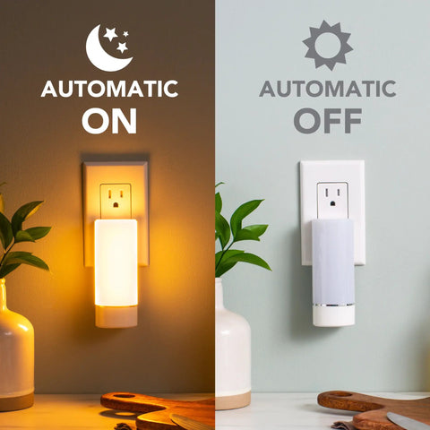 Three Pack Emergency Night Lights With Dusk To Dawn Sensor showing automatic on and off modes in a bedroom.