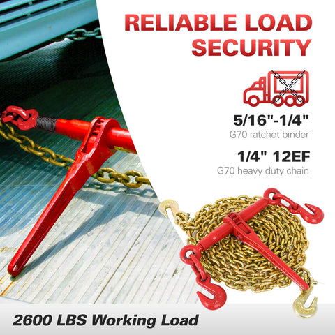 Two Pack Ratchet Chain Binders With G80 Chain, 1/4 Inch To 5/16 Inch Heavy Duty Tie Downs, 12 Feet Each, 3150 Lbs Secure Load Limit
