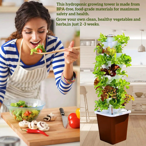 Dope Indoor 7 Tier Hydroponic Garden Tower With 35 Planting Pods For Soil Free Year Round Herbs Lettuce And Veggies Compact Easy Setup Ideal For Apartments And Small Spaces next to woman preparing salad in kitchen