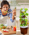 Woman preparing salad next to a 35-Pod Hydroponic Vertical Garden Tower For Indoor And Outdoor Growing, 7-Layer System With Smart Timer Watering.