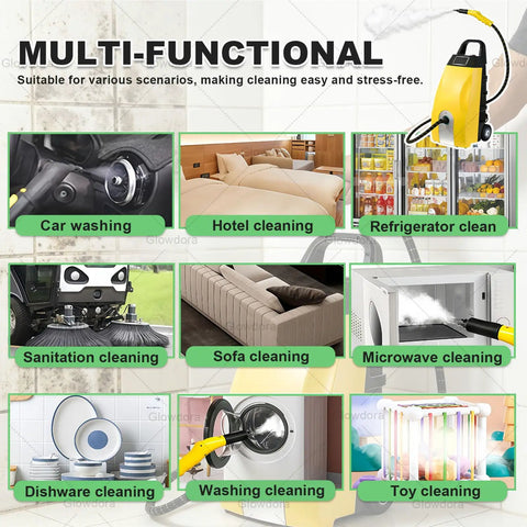 Heating In 30 Sec For Fast Cleaning This Heavy Duty 3000W Steam Cleaner Features A 3.5L Tank And Hits 180 Degrees Celsius For Deep Stain Removal Use It On Kitchens Cars Carpets And Ac Units With Nine Accessories For Total Home Hygiene, shown in various cleaning scenarios.