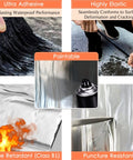 Heavy Duty 4 Inch By 32 Foot Self Adhesive Flashing Tape Membrane Waterproof Patch Seal Tape Made From SBS Modified Rubberized Asphalt For Deck Seams Joists Roof Gutters Windows And Outdoor Repairs, shown in various applications and features like waterproof, elastic, paintable, flame retardant, and puncture resistant.
