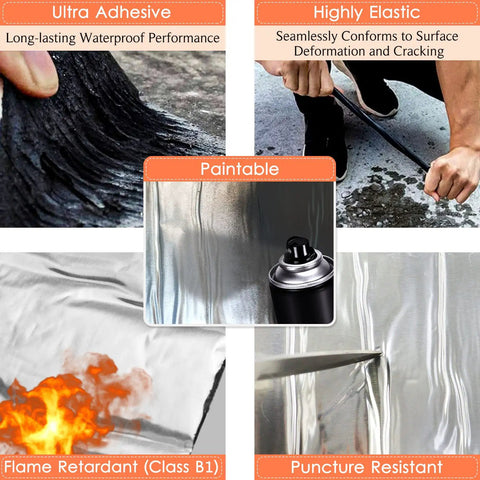 Heavy Duty 4 Inch By 32 Foot Self Adhesive Flashing Tape Membrane Waterproof Patch Seal Tape Made From SBS Modified Rubberized Asphalt For Deck Seams Joists Roof Gutters Windows And Outdoor Repairs, shown in various applications and features like waterproof, elastic, paintable, flame retardant, and puncture resistant.