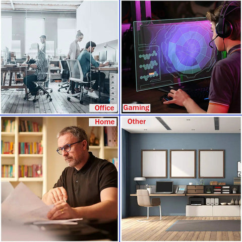Collage image showing office workspace, gaming setup, home office, and other setup for various uses of Giant XXL Waterproof Gaming Mouse Pad