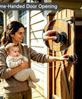 Heavy Duty One Hand Spring Pop Gate Latch With Self Locking Design For Wood And Vinyl Fences, user opening gate with baby in arms.