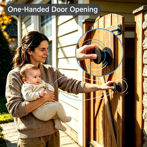 Heavy Duty One Hand Spring Pop Gate Latch With Self Locking Design For Wood And Vinyl Fences, user opening gate with baby in arms.