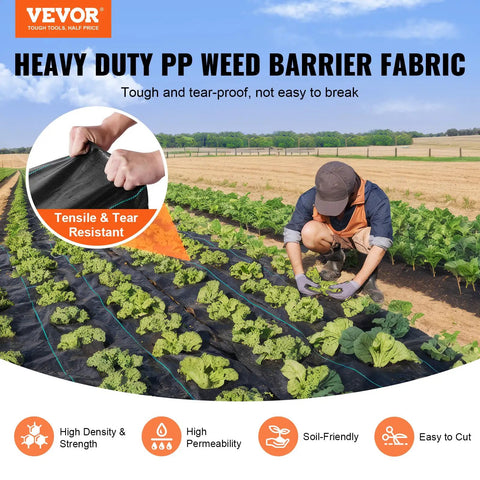Heavy Duty 4x100 Ft Woven Weed Barrier Landscape Fabric installed in vegetable garden, showing durability and weather resistance