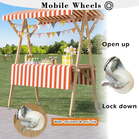 Built Tough Wood Roll Out Food Cart On Wheels With No Sweat Assembly For Street Vendors And Farmers Markets displays striped canopy.