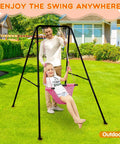 Heavy Duty Foldable Baby Swing Stand, A Frame Metal Swing Stand For Backyard And Indoor Outdoor Use, with child swinging