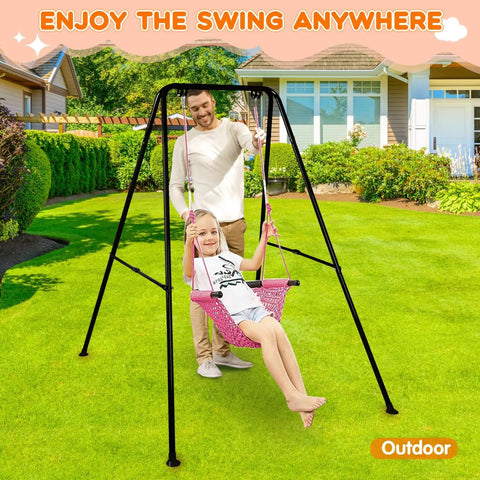 Heavy Duty Foldable Baby Swing Stand, A Frame Metal Swing Stand For Backyard And Indoor Outdoor Use, with child swinging