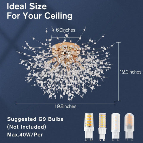 Six Light Sputnik Flush Mount Ceiling Light In Gold With Crystal Firework Design size dimensions and bulb suggestions