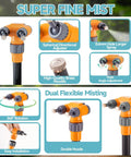 Outdoor Misting System For Patio And Yard, 75 Inch Premium Hose Mister with brass nozzles and rotating base details.