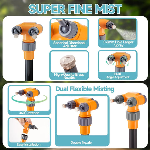 Outdoor Misting System For Patio And Yard, 75 Inch Premium Hose Mister with brass nozzles and rotating base details.