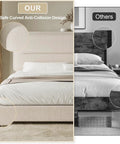 Queen Size Cloud Bed Frame In Beige Plush Boucle Upholstery showcasing safe curved anti-collision design and soft fabric.