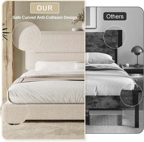 Queen Size Cloud Bed Frame In Beige Plush Boucle Upholstery showcasing safe curved anti-collision design and soft fabric.