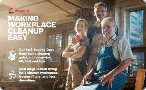 Three people in a workshop promoting Small Dust Collection Bags For Sanders And Miter Saws, 3 Pack Adjustable Setup, Quick Swap Seals.