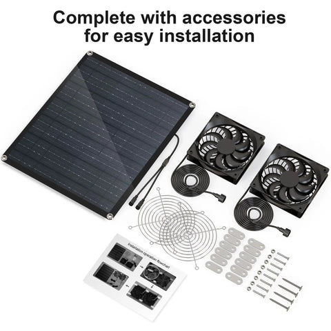 30W Solar Panel Vent Fan Kit For Small Chicken Coops, Greenhouses, Sheds, And Pet Houses, Weatherproof Outdoor Solar Exhaust Fan For Off Grid Ventilation IPX7 Waterproof Easy Install with accessories.