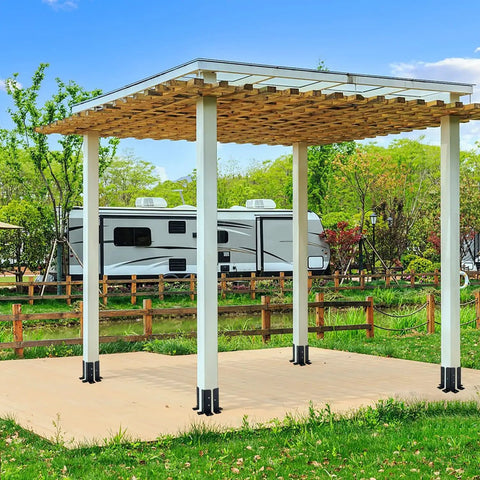 Outdoor pergola installed with Four Pack Adjustable Deck Post Anchor Brackets Fits 1.5x1.5, 2x2, 2x4, 4x4 Posts