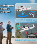 Diagram showing safety features of WLtoys K270 Brushless RC Helicopter With Optical Flow Positioning, men holding remote controls.