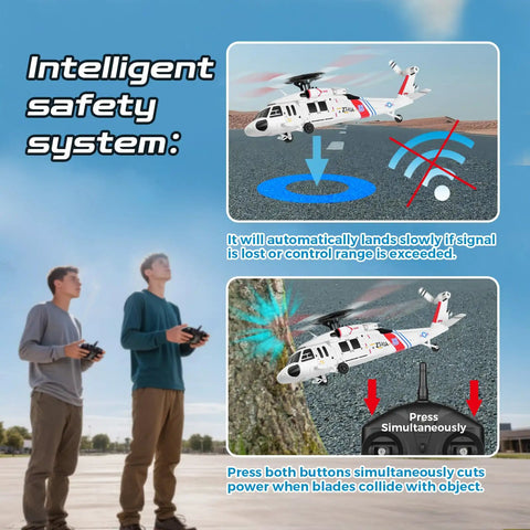 Diagram showing safety features of WLtoys K270 Brushless RC Helicopter With Optical Flow Positioning, men holding remote controls.