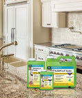 Built Tough Pro Grade All Purpose Concrete Floor Sealer With Next Level Water And Oil Stain Protection Using Low Voc Water Based Formula For Smooth Durable Indoor Garage Slabs displayed on a granite kitchen countertop.