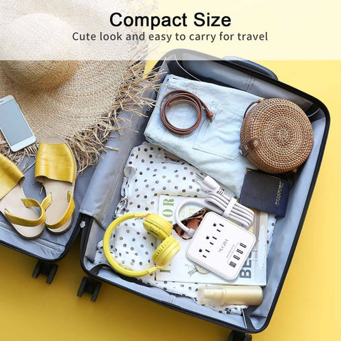 Open suitcase with Six Foot Power Strip With Three Outlets And Four USB Ports Including One USB C For Cruise Ship Travel