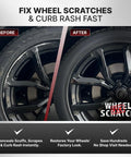 Before and after of car wheel using Gloss Black Rim Repair Kit For Cars DIY Wheel Touch Up Paint For Alloy And Steel Rims Curb Rash Fix.